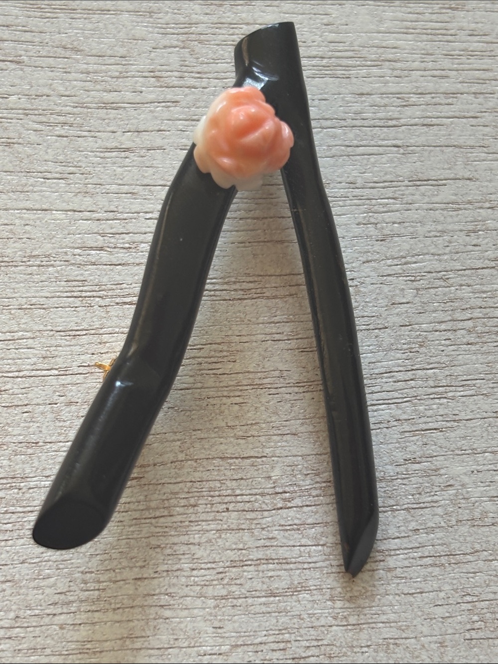 Hawaiian black coral stick brooch with Peach Rose Accent